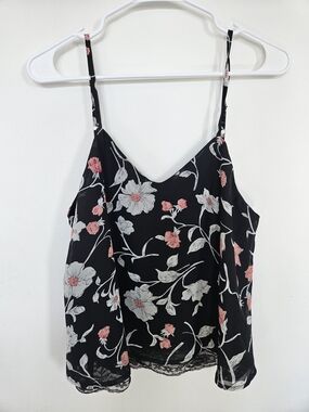 Another Story Floral Camisole Top Black Pink Lace Trim Adjustable Straps M🔥